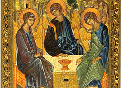 Живописная икона "Троица" на сакральном кипарисе